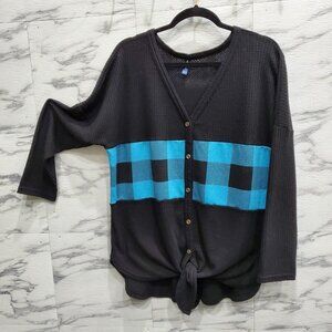 IWollence Sweater Women Size Black Blue Waffle Pattern Full Button Up Tie Front